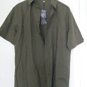 Green linen mens short sleeve button up